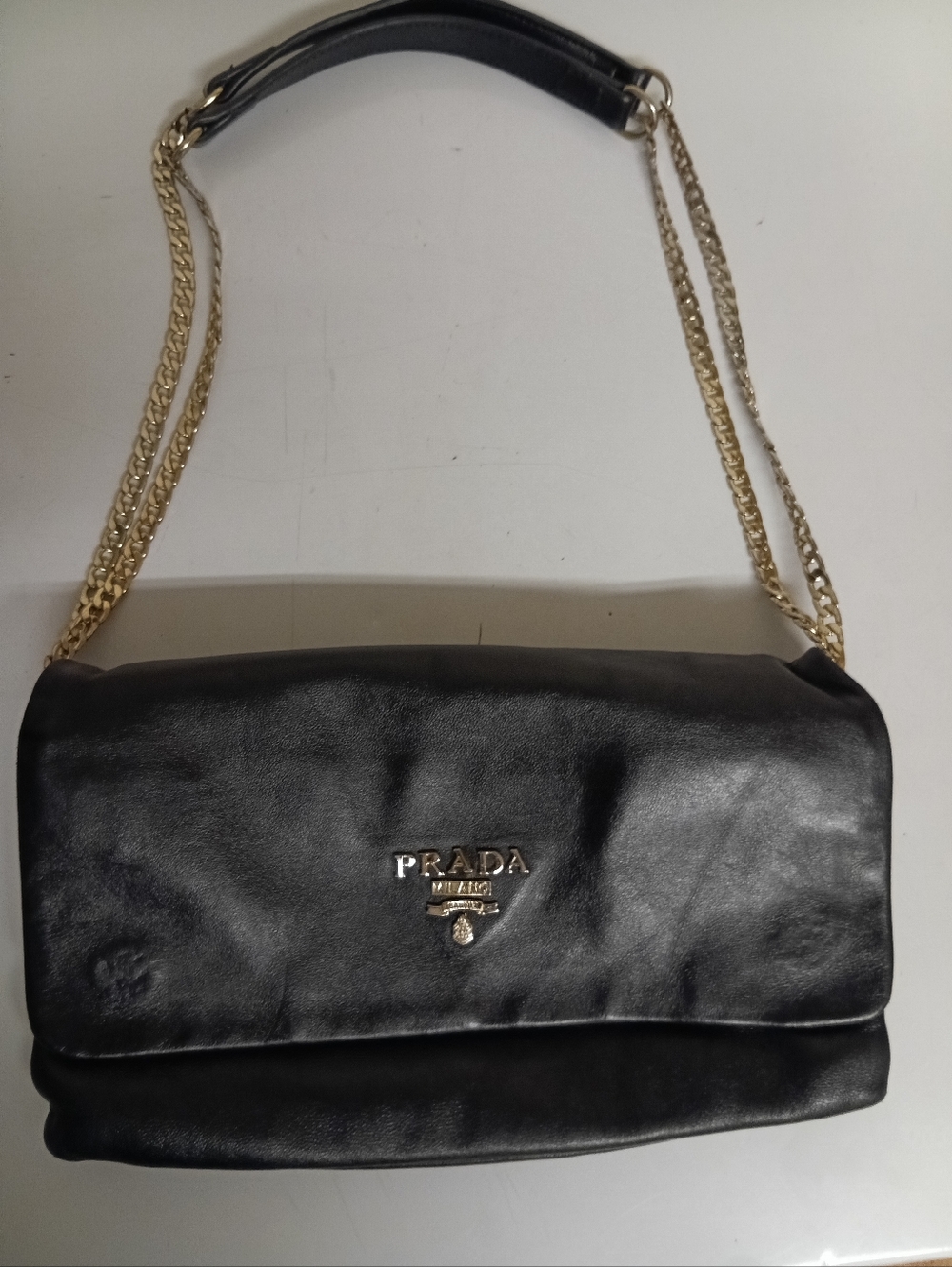 Prada Black Leather Shoulder Bag with Gold Chain